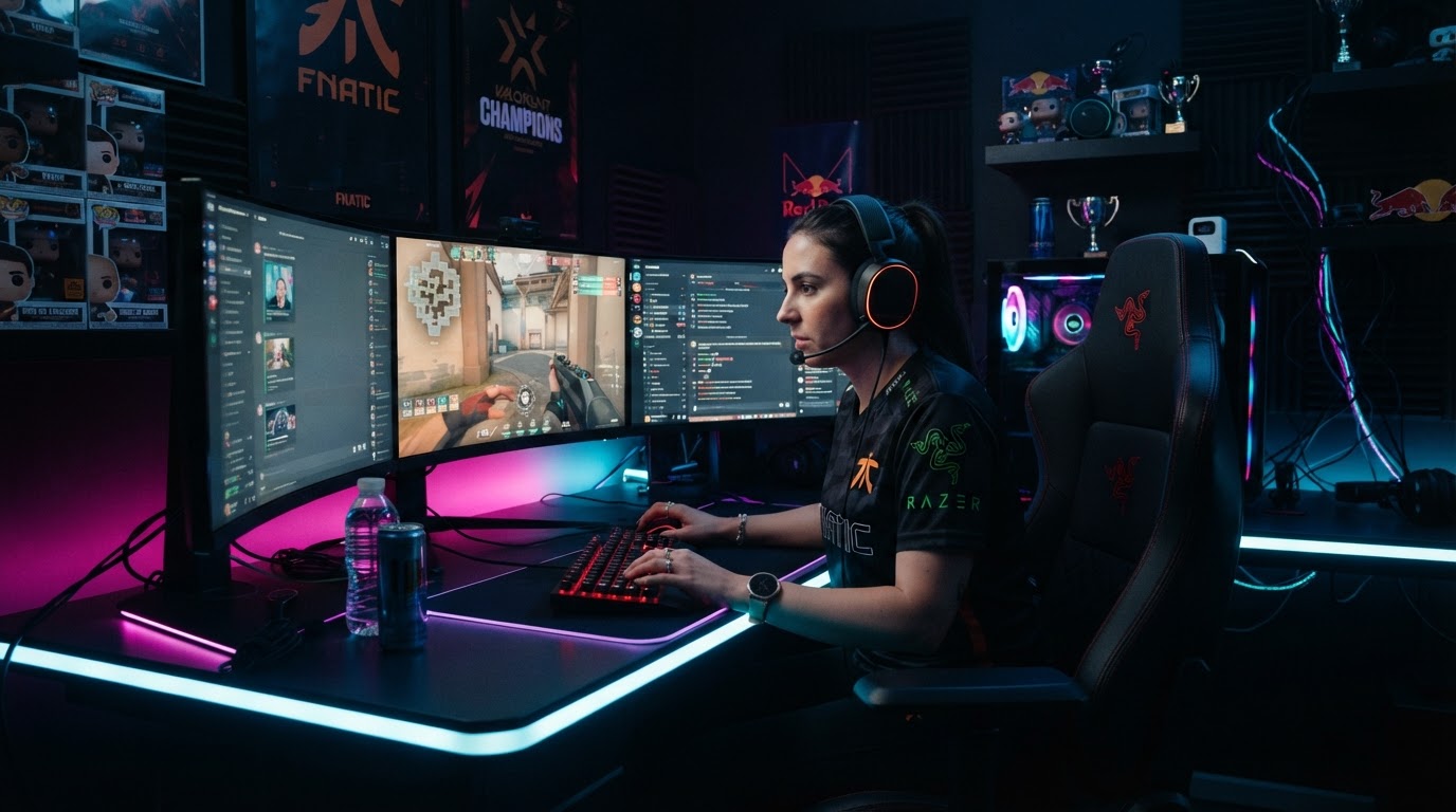 Joueur professionnel dans sa chaise gaming ChaiseDegam avec setup multi-écrans